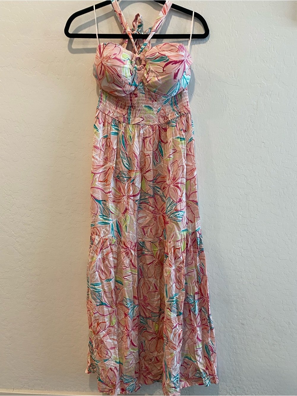 Jessica Simpson Pink Floral Halter Maxi Dress with Multicolor Leaf Print